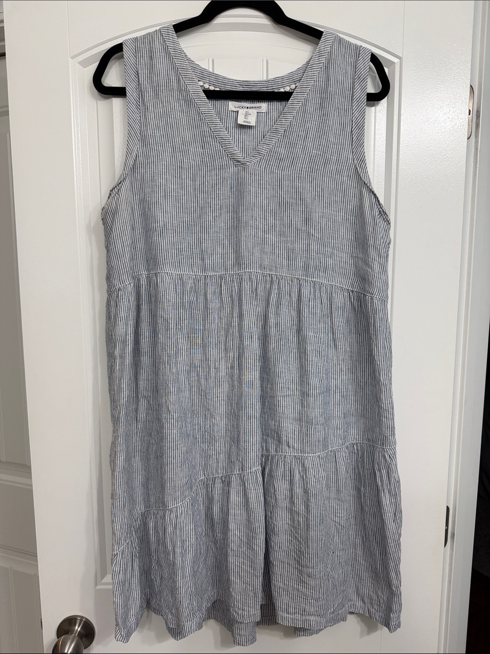 100% linen Lightweight Sleeveless Blue Pinstripe Tiered Dress